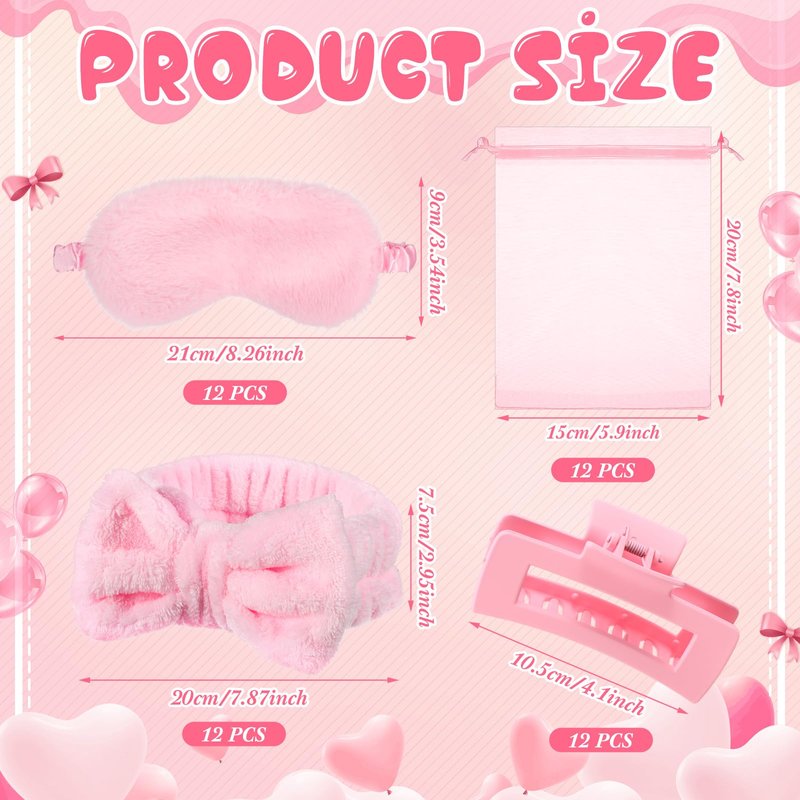 Wavyknot 48 Pcs Spa Party Supplies Sleepover Essentials Spa Headband Plush Eye Mask Claw Clips Organza Bag for Birthday Party Women Adult Slumber Supplies (Pink)
