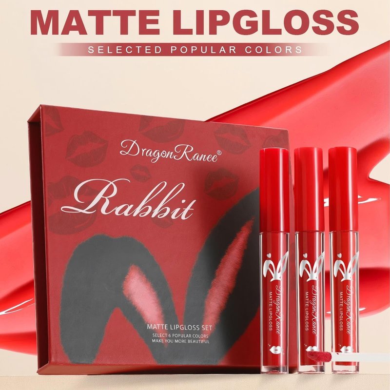MooGlamor 6 Pcs Matte Liquid Lipstick Set Red Lip Gloss with Long-Lasting and Waterproof Lipsticks for Women Lip Makeup Gift (Red Rabbit, 6 Pcs)