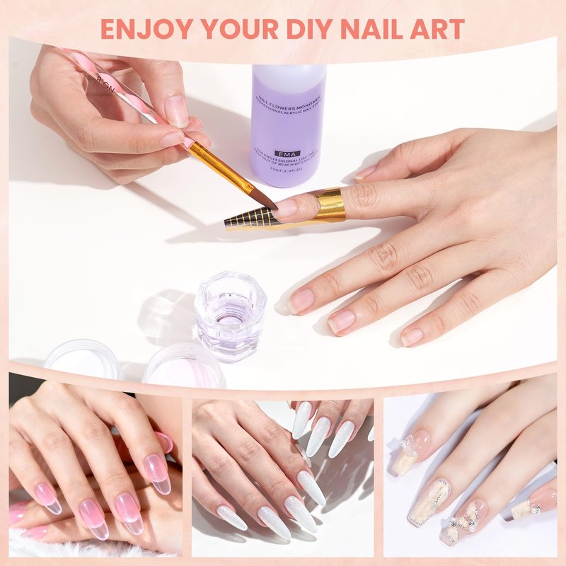 Nail Kit for Beginners with Everything: Practice Hand Acrylic Nail Set Professional Powder Drill Liquid Starter Kits with U V Lamp in Cosmetic Gift Bag for Women Salon Home (Pink)