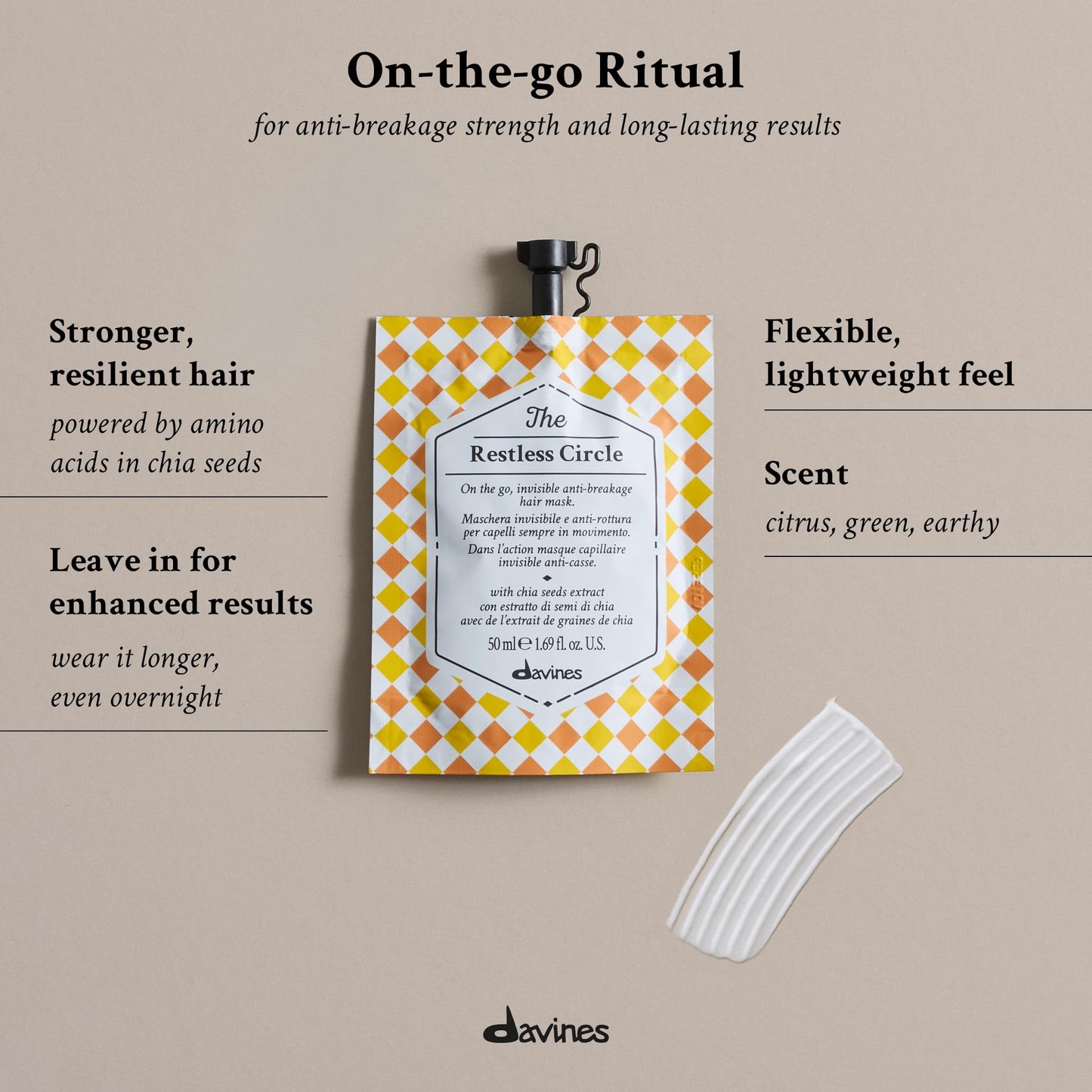 Davines The Restless Circle, Invisible Hair Mask for Active Lifestyles - Protects from Mechanical Damage & Breakage with Chia Seed Extract - Works During Exercise or Activity, 1.69 Fl Oz