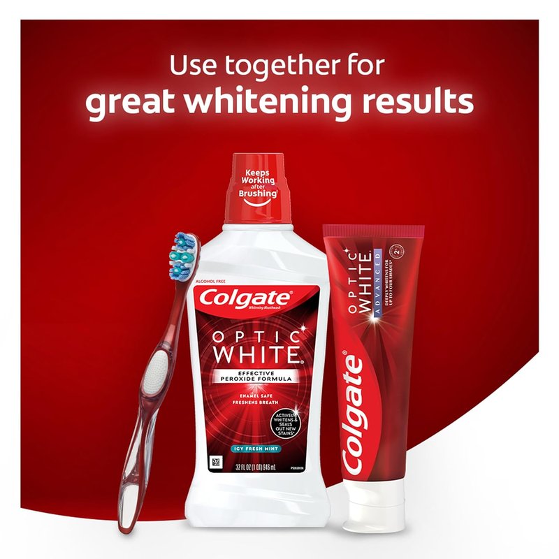 Colgate Optic White Whitening Mouthwash - Alcohol-Free Icy Fresh Mint | 16 Fl Oz (6 Pack)