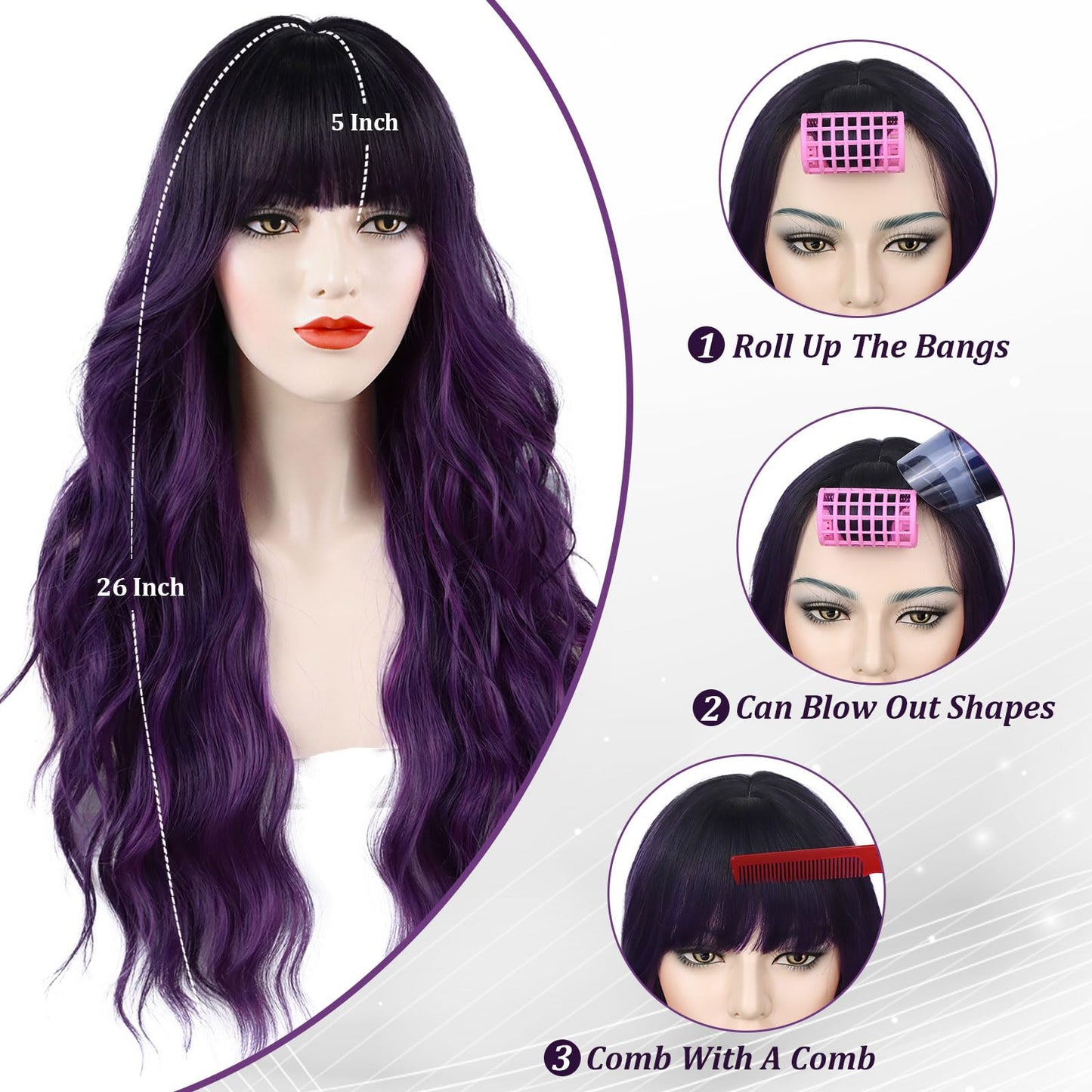 Wallden Hair Purple Wigs with Bangs Long Curly Wavy Women's Wig Ombre Heat Resistant Synthetic Bangs Wig for Daily Party Use(Ombre Purple, 26 Inches)