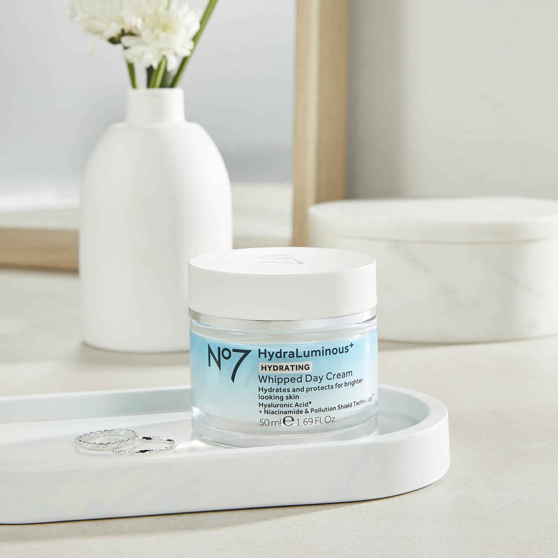 No7 HydraLuminous+ Hydrating Whipped Day Cream - Hyaluronic Acid Facial Moisturizer with 2% Vitamin B3 Niacinamide for Skin Barrier Repair & Visibly Healthy-Looking Skin (1.69 Fl Oz)