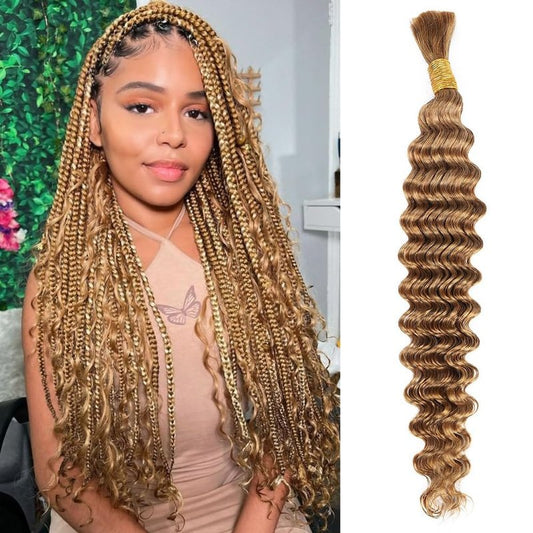 50g 20 Inch Deep Wave Bulk Human Braiding Hair Honey Blonde Human Braiding Hair for Boho Braids 1 Bundle/Pack No Weft Color 27# 100% Brazilian Human Braiding Hair Extensions for Micro Braiding