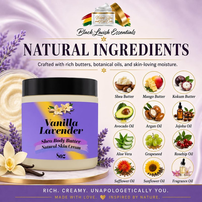 Ultra Soft Shea Body Butter Cream, Natural Hydrating Body Cream with Cocoa Butter, Mango Butter, Aloe Vera, Argan, Rosehip Oil, Moisturized Skin, Suits All Types (Vanilla Lavender, 8oz)