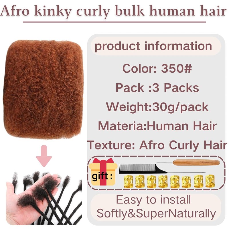 Afro Kinky Bulk Human Hair for Dreadlock Extensions - 100% Human Hair, 3 Packs, 90g | Ginger, 8 Inch