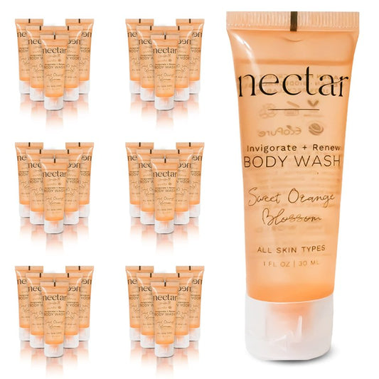 World Amenities Nectar Bulk Body Wash | 50 Count, 1 oz | Sweet Orange Blossom, Mini Travel Size Toiletries (100% Recyclable Tube with Flip Top Cap), Airbnb Rentals, Suitable for All Skin Types