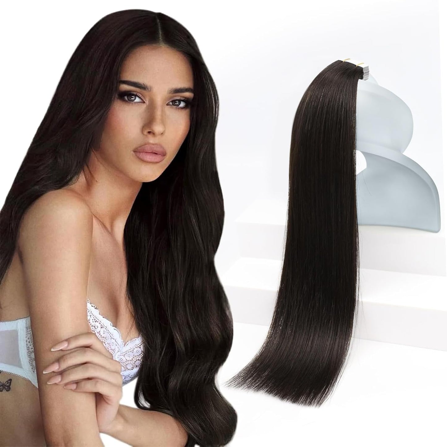 Hair Tape-In Extensions - 22 Inch Invisible Remy Human Hair - Darkest Brown | 20 Pcs, 50g