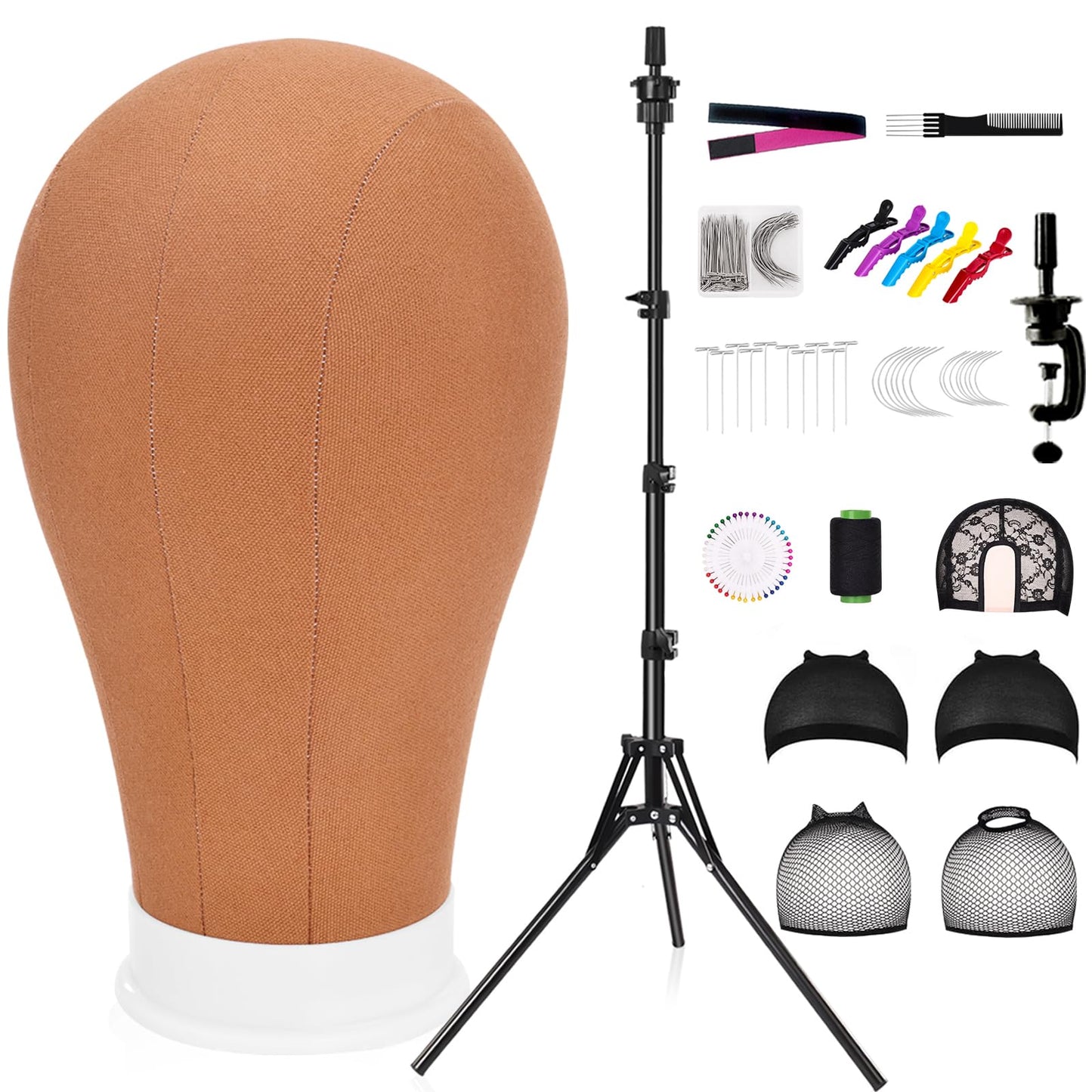 GHWMYD 22 Inch Canvas Wig Head Mannequin Head With 63in Tripod Stand, Manikin Canvas Head Set for Wigs Making Display Styling with Tripod Table Clamp Wig Caps Pins Set Hair Brush, Clips(Beige)