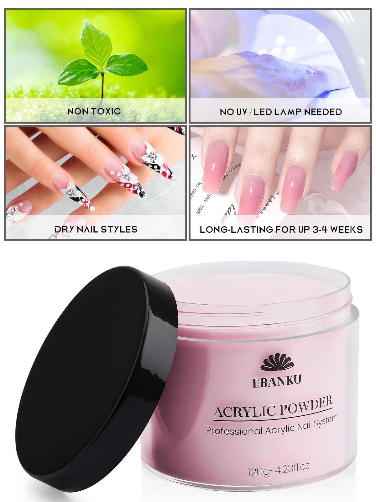 EBANKU Acrylic Powder Set Nude Pink Milky White Clear Big Capacity 4.23oz*4