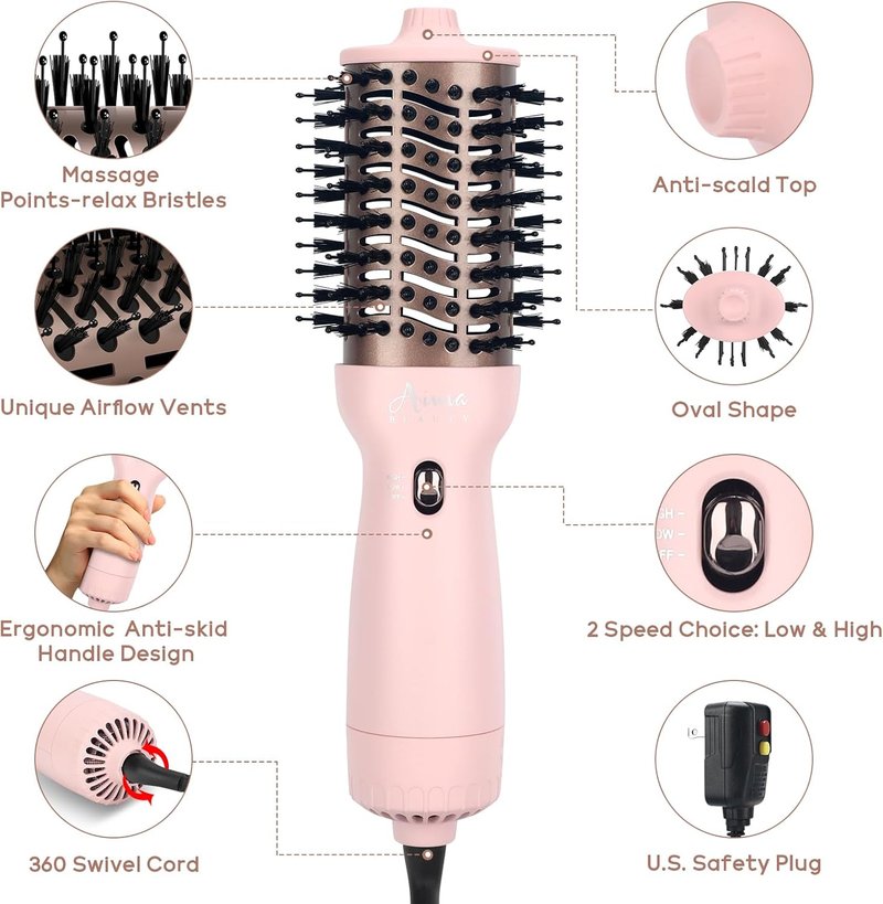 Aima Beauty Travel Hair Dryer Brush - Dual Voltage Hot Air Brush for Frizz-Free Styling | Pink