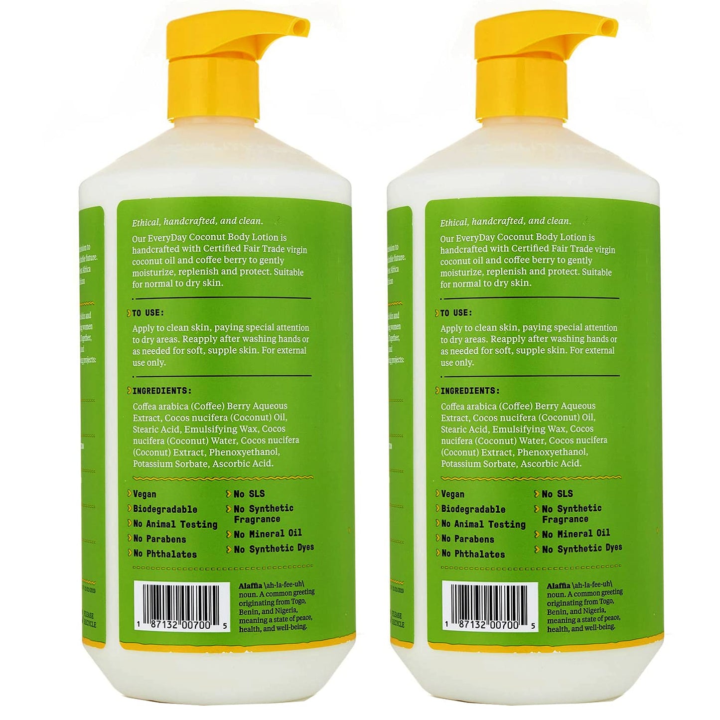 Alaffia Everyday Coconut Hydrating Body Lotion, Normal to Dry Skin, Moisturizing Oil is Support for Soft & Supple Skin, Purely Coconut, 2 Pack - 32 Fl Oz Ea