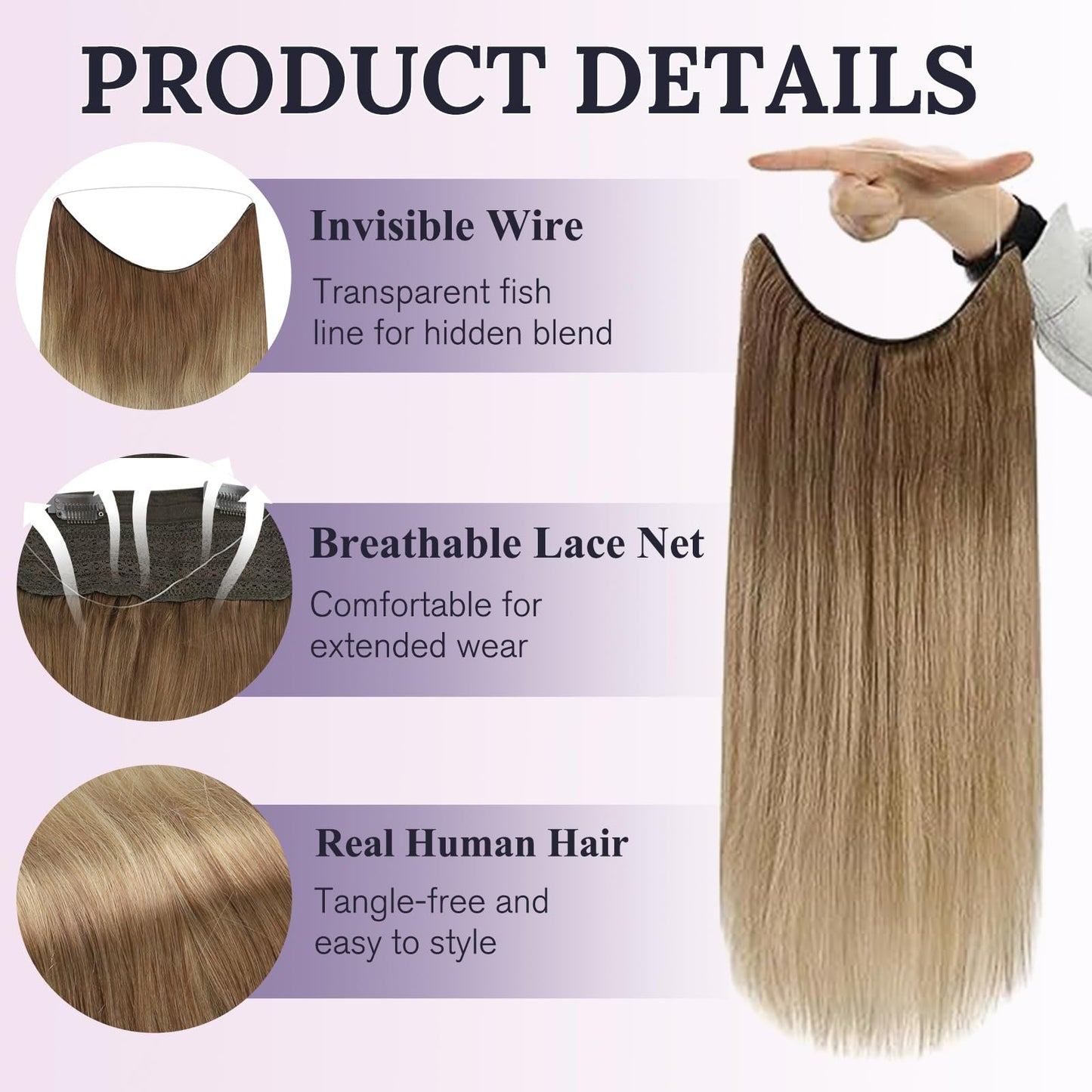 Fshine Invisible Wire Hair Extensions, 12 Inch Remy Human Hair, Golden Brown to Buttery Blonde Ombre 76g, Seamless Layered Hairpiece for Women