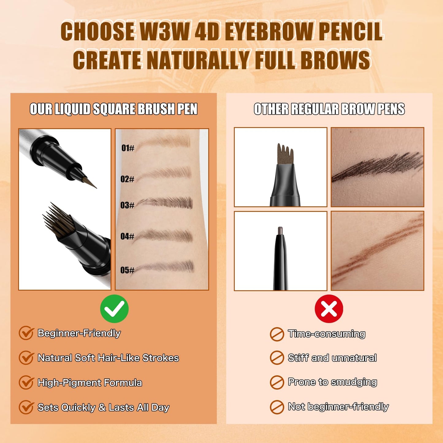 Eyebrow Pencils for Women, W3W 4D Dual-Ended Brow Pen, Angled Square Tip + Ultra-Fine Brush Tip, Waterproof Smudge-Proof, Natural Hair-Like Strokes, Brown (Medium Brown)