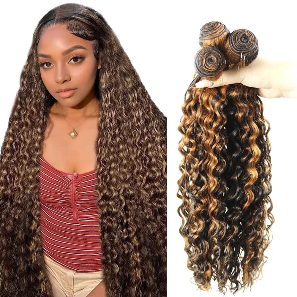 Ombre Human Hair Bundles - Highlight Brown Deep Wave Extensions | 30-34 Inch, Grade 8A Brazilian Remy Hair