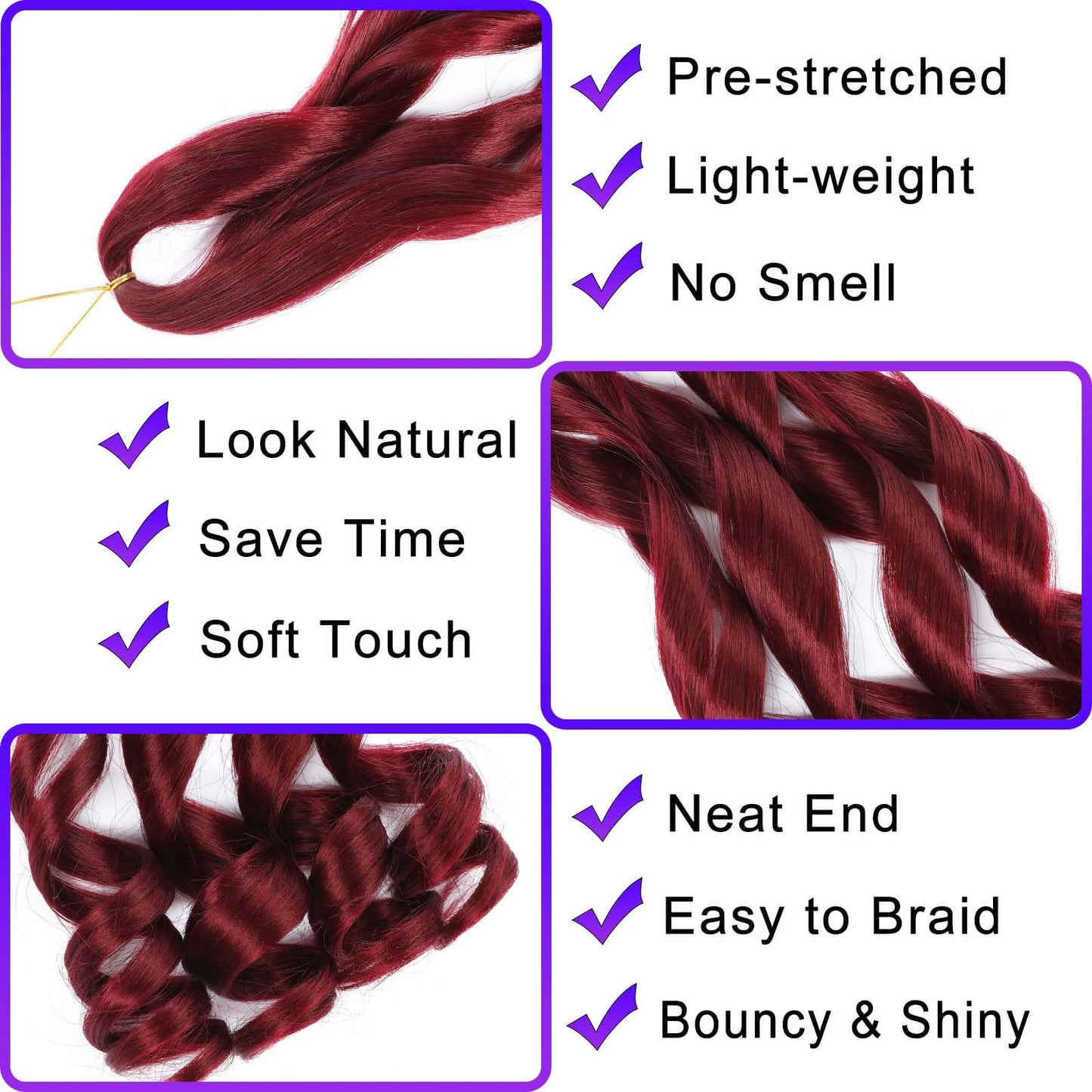 French Curly Braiding Hair 8 Packs Loose Wavy Braiding Hair Pre Stretched Bouncy Synthetic French Curl Braiding Hair Extensions for Women (Burgundy, 18 Inch)