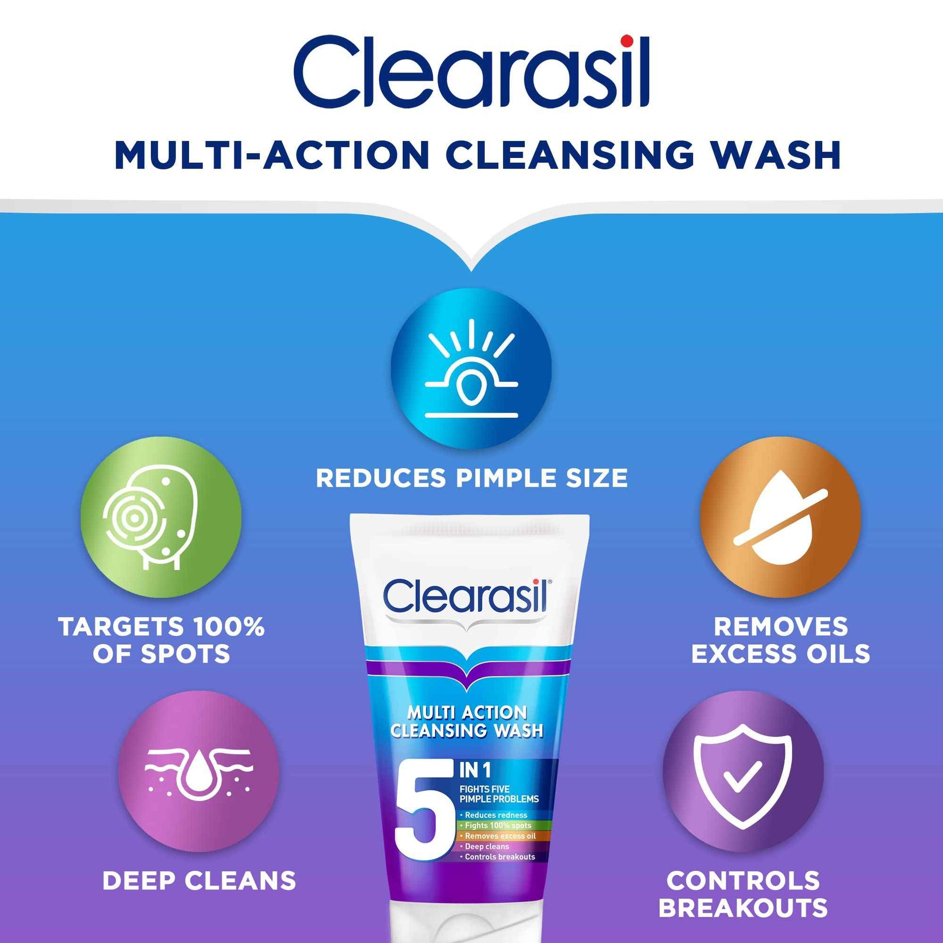 Clearasil 5-in-1 Face Wash 150 ml, Salicylic Acid Cleanser for Acne, Blackheads, Anti-Redness, Spot Treatment, Reduces Pimples, Clears Skin, Effective Skincare Solution
