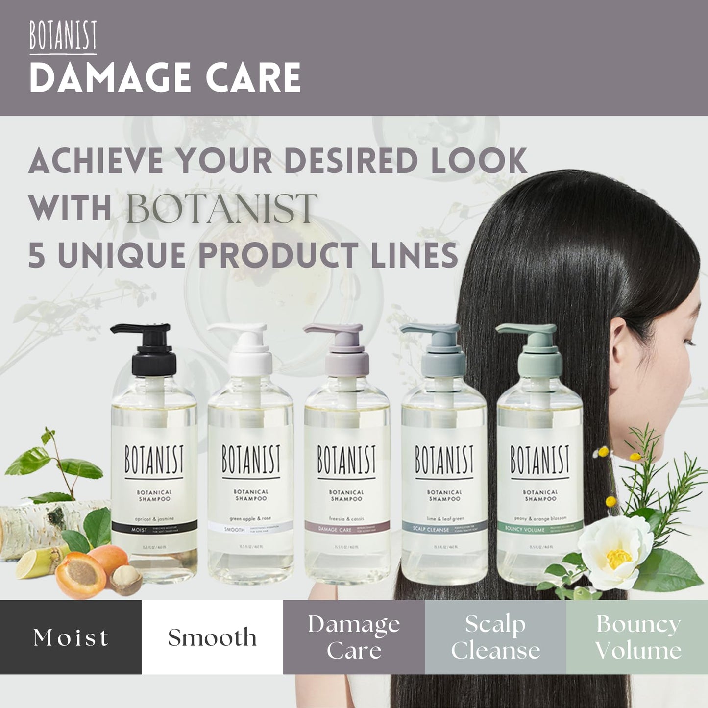 Botanist Sulfate Free Shampoo for Color Treated Hair, Organic Shampoo for Women & Men with Collagen, Ceramide, Keratin & Jojoba Seed Oil from Japan, Freesia & Cassis, DAMAGE CARE15.5 Fl Oz, 2EA