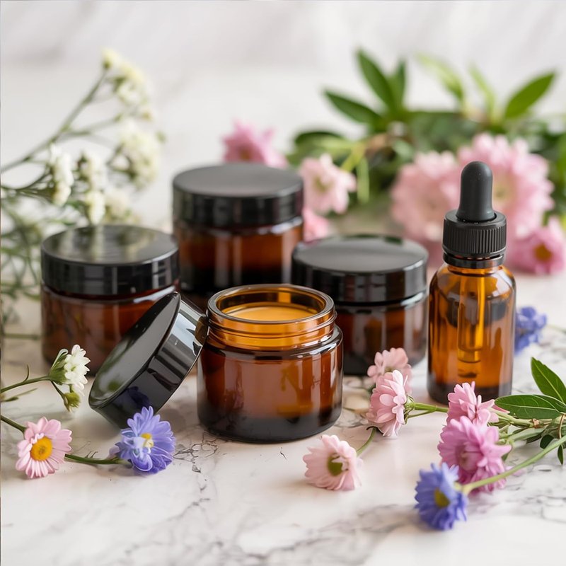 Amber Glass Jars - 2oz Cosmetic Containers with Lids & Labels | 24 Pack for Creams, Lotions, Body Butter