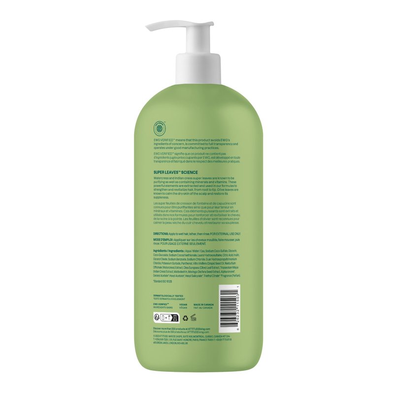 ATTITUDE Nourishing Hair Shampoo, EWG Verified, For Dry and Damaged Hair, Naturally Derived Ingredients, Vegan and Plant Based, Grapeseed Oil and Olive Leaves, 32 Fl Oz