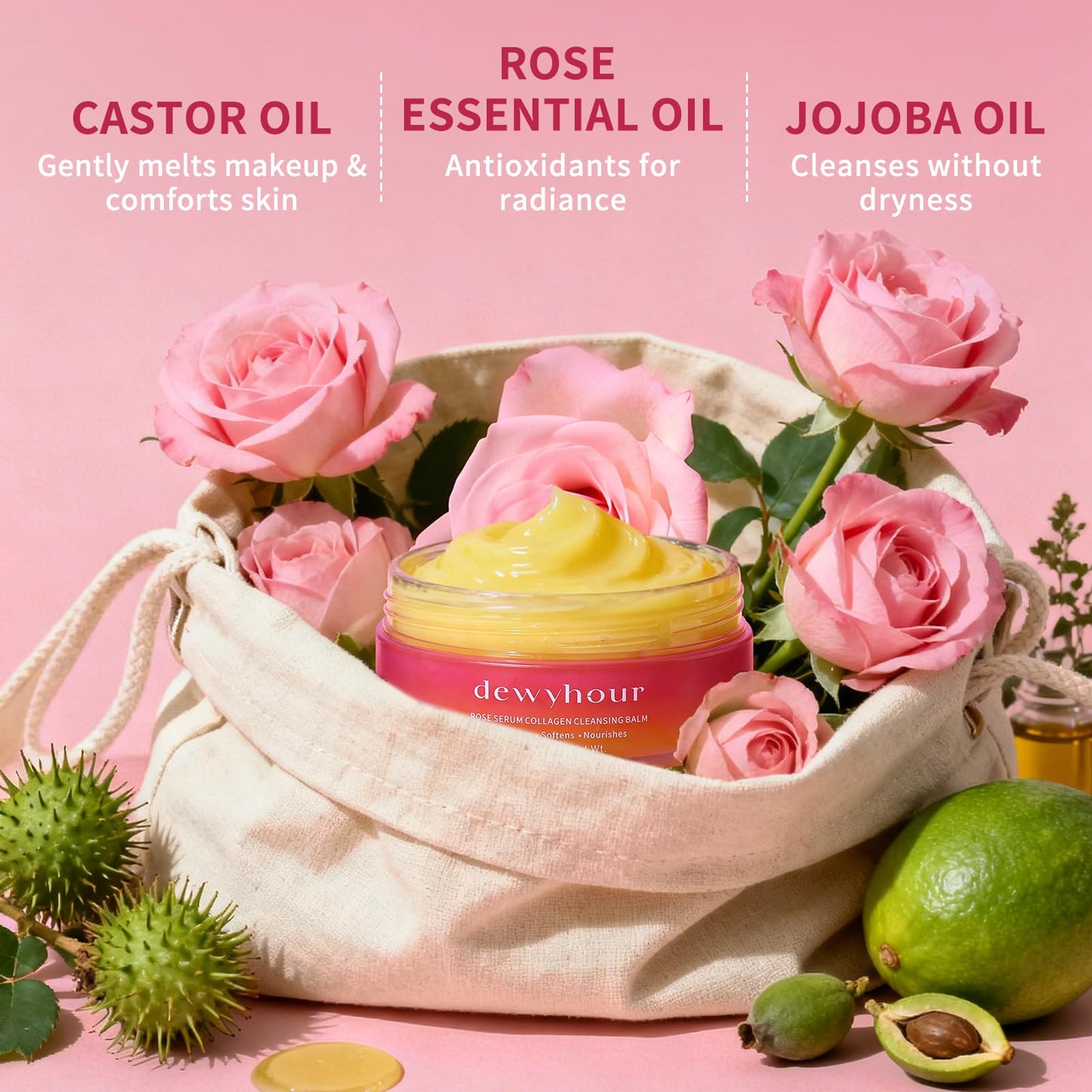dewyhour Rose Makeup Remover Cleansing Balm – Melts Stubborn Waterproof Makeup for Daily Evening & Post-Gym, Nourishes Sensitive Skin, Zero Residue, One-Step Vegan Korean skincare for Travel 2.46 oz