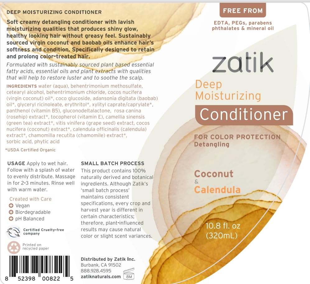 Zatik Naturals Deep Moisturizing Shampoo & Conditioner Set - Coconut & Calendula for Colored, Dry Hair | 10.8 fl oz Each