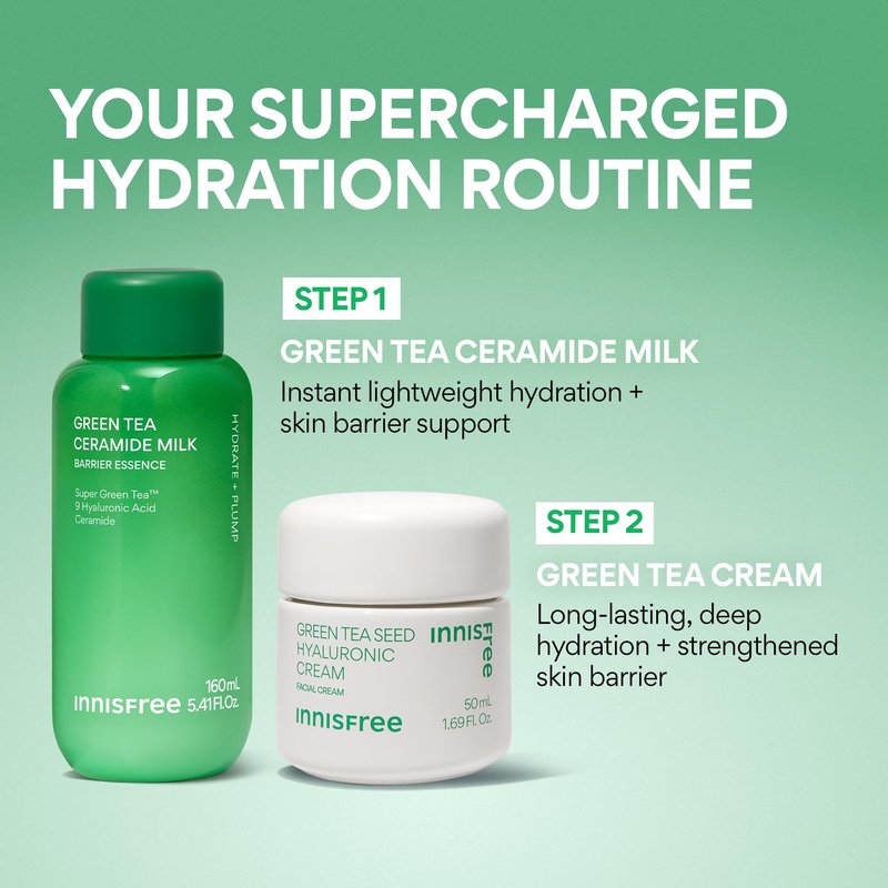 innisfree Green Tea Supercharged Healthy Barrier Duo, Limited Edition Hydrating Korean Skincare Set for All Skin Types including Acne-Prone, Dry, and Oily