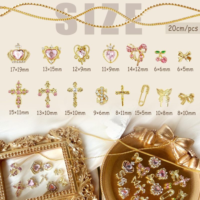 86Pcs Pink Cross Nail Charms 3D Gold Nail Charms Y2k Cute Pink Heart Cherry Bows Crown Acrylic Nail Art Rhinestones Crafting Luxury Nail Jewelry Gems Fake Money Gold Chains for Nails (Gold, Pink)