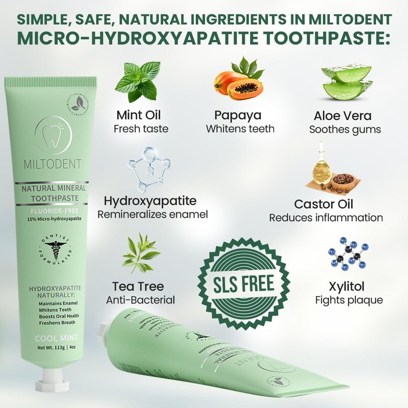 Hydroxyapatite Toothpaste – MILTODENT 15% Micro-Hydroxyapatite Premium Toothpaste Fluoride-Free, Foam-Free, Natural Mineralizing | Safe Alternative to Nano-Hydroxyapatite | SLS-Free & Paraben-free 4oz