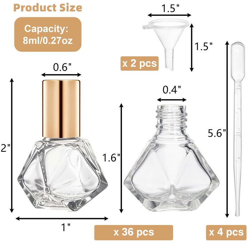 ELFULLY 36 Pack Essential Oil Roller Bottles, 8ml/0.27oz Empty Roll On Bottle, Glass Polygonal Roller Ball Applicator, Perfume Vials with Stainless Steel Roller Ball for Travel, 4 Dropper, 2 Funnel