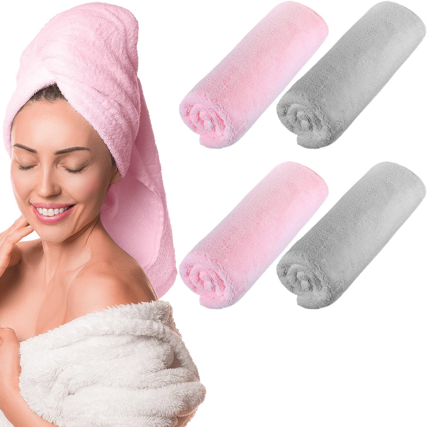 Tatuo 4 Pcs 20 x 40 Large Microfiber Hair Towel for Long Hair Quick Dry Towel Absorbent Turbans Anti Frizz Drying Turbans Wrap for Curly Long Short Women, Pink and Gray