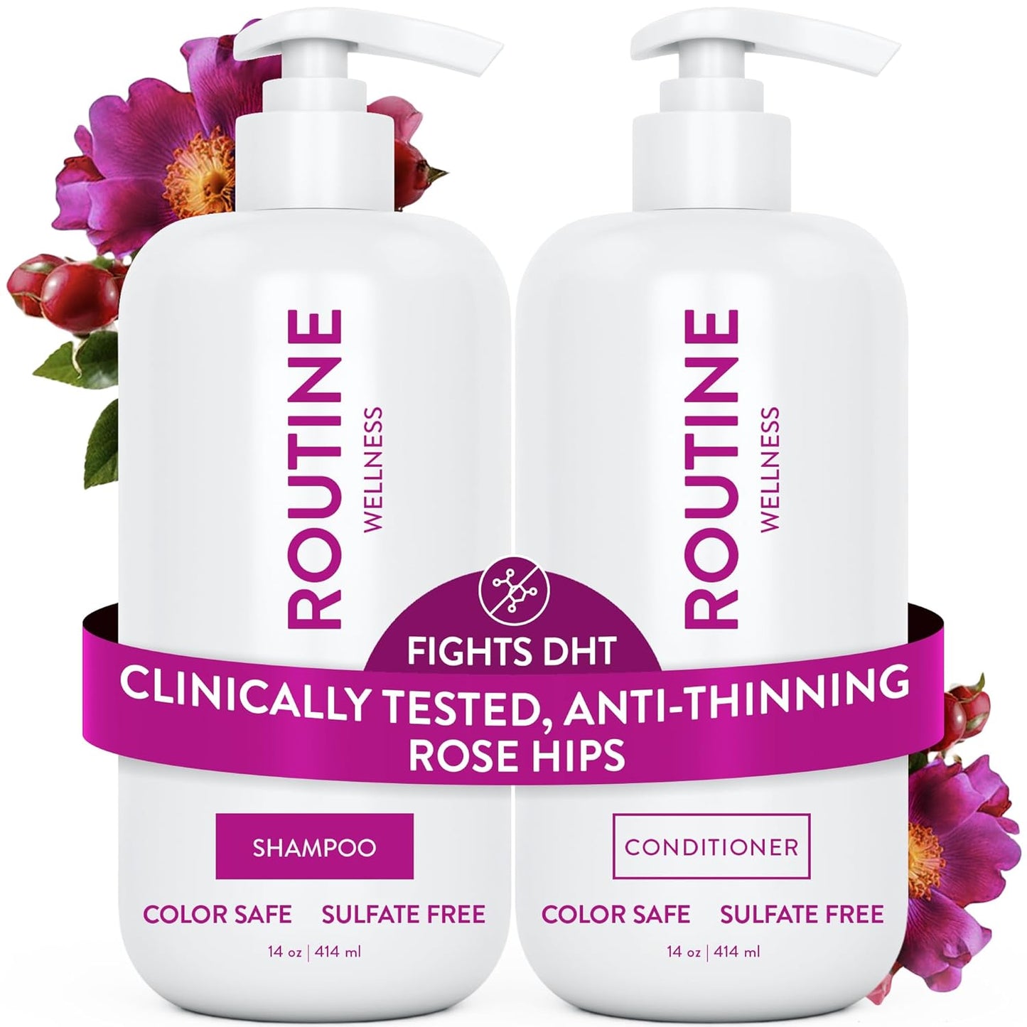 Anti-Thinning Shampoo & Conditioner Set - Biotin DHT Blocker for Thinning Hair | Color Safe, Healthier Hair - Rose Hips