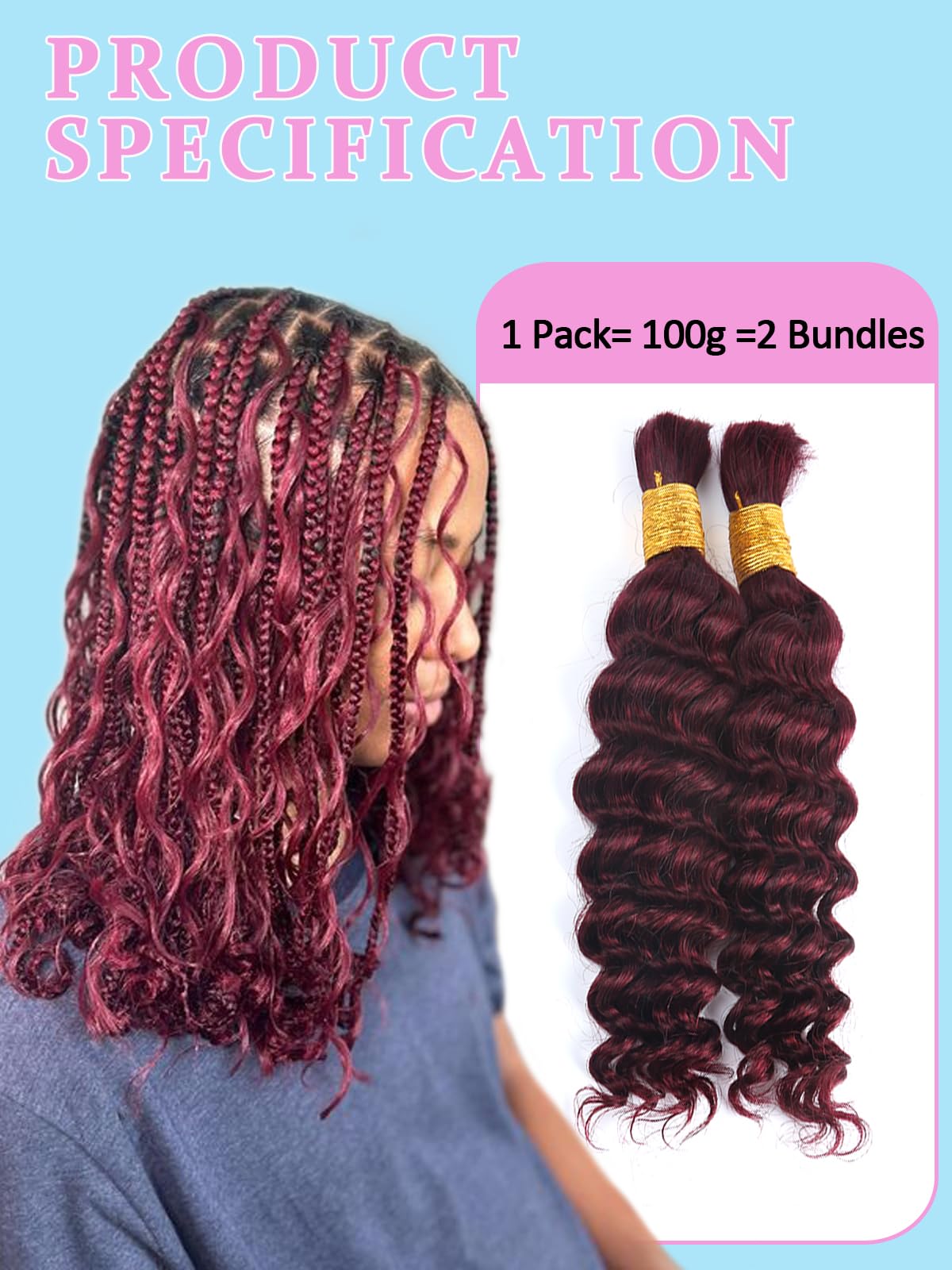 Burgundy Human Braiding Hair for Boho Braids 2 Bundles 20 Inch 100g 99J Deep Water Wave Bulk Human Hair for Braiding Wet and Wavy Curly Bundles No Weft Micro Braiding Hair Human Hair Extensions