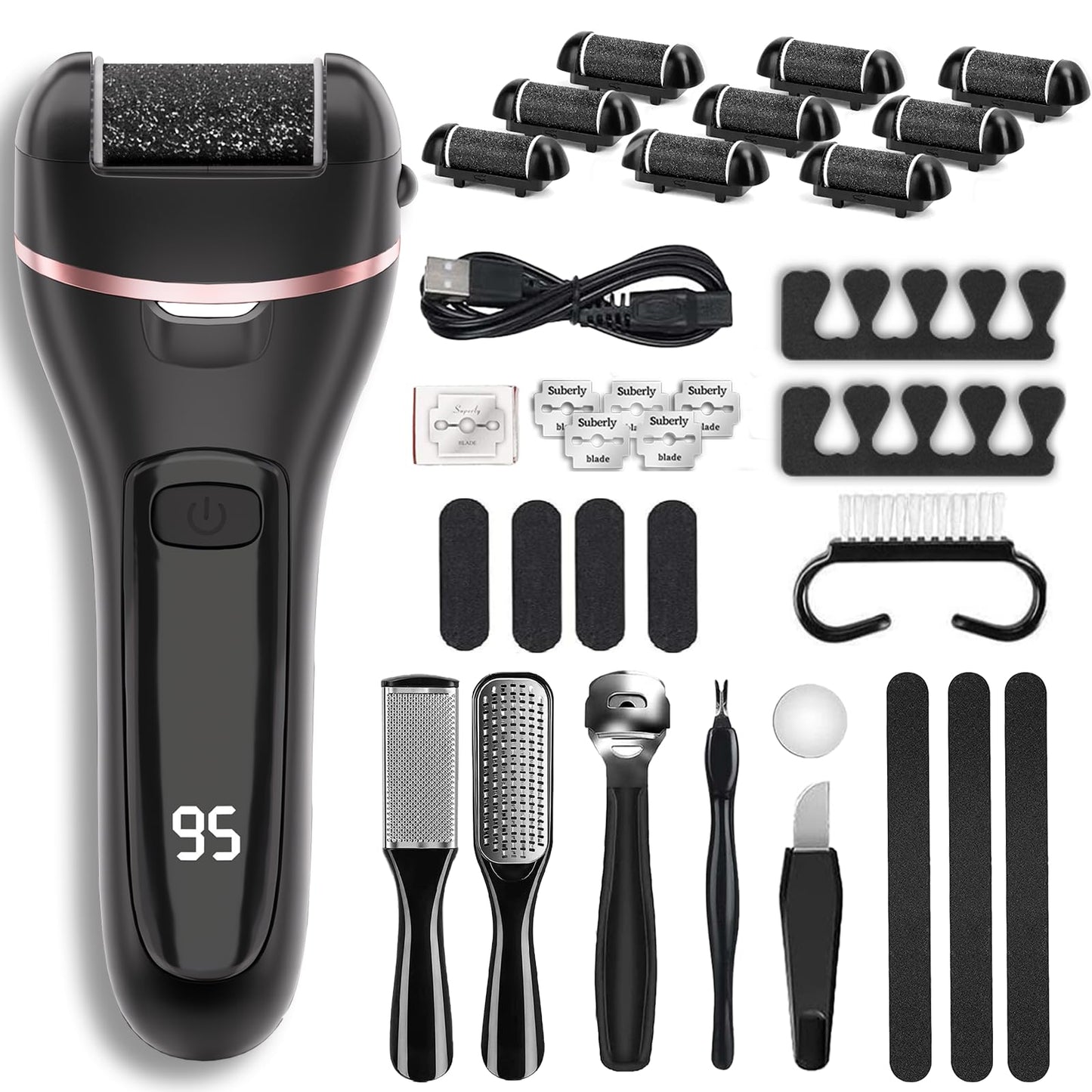 Wea&Hea Electric Callus Remover for Feet, 30 in 1 Professional Pedicure Kit with 9 Roller Heads, 2-Speed Rechargeable & Waterproof Foot File - Ultimate Foot Spa Tools for Smooth Skin at Home