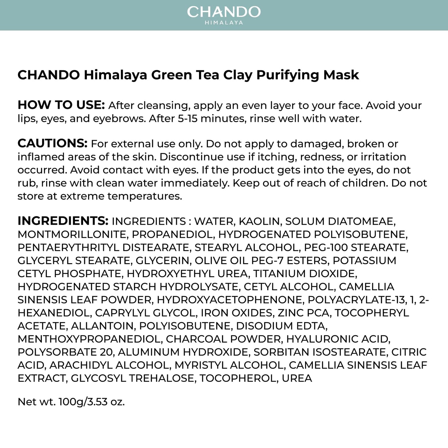 CHANDO HIMALAYA Purifying Green Tea Mask(2Pack), Natural Facial Clay Mask Deep Pore Cleansing with Green Tea Extract and Portulaca Extract, for Clogged Pores, Detoxifies & Balance Oil, 7 fl.oz