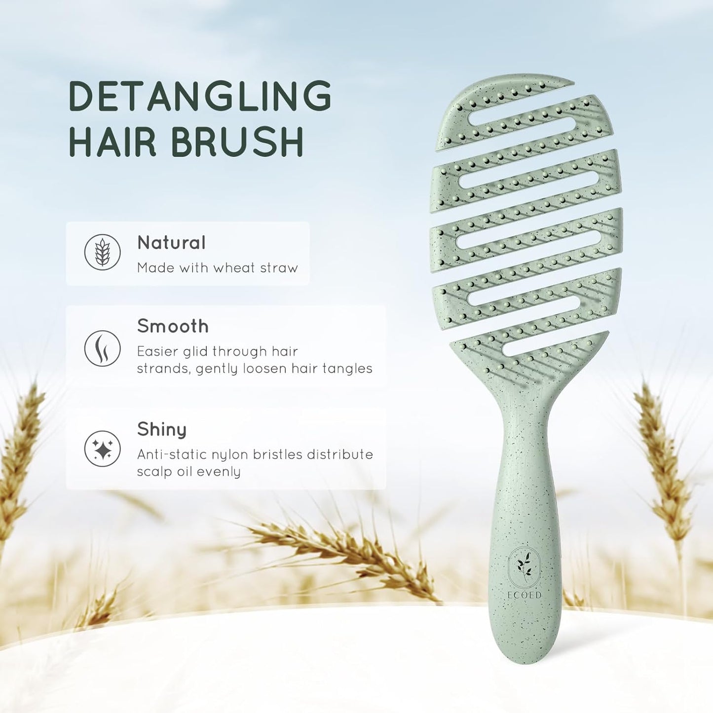 Detangler Hairbrush, Vented Detangling Brush for Straight, Wavy,Curly and Fine Hair, Dry and Wet, Quick Smoothing for Women and Men, Eco-Friendly & Sustainable Material (Green)