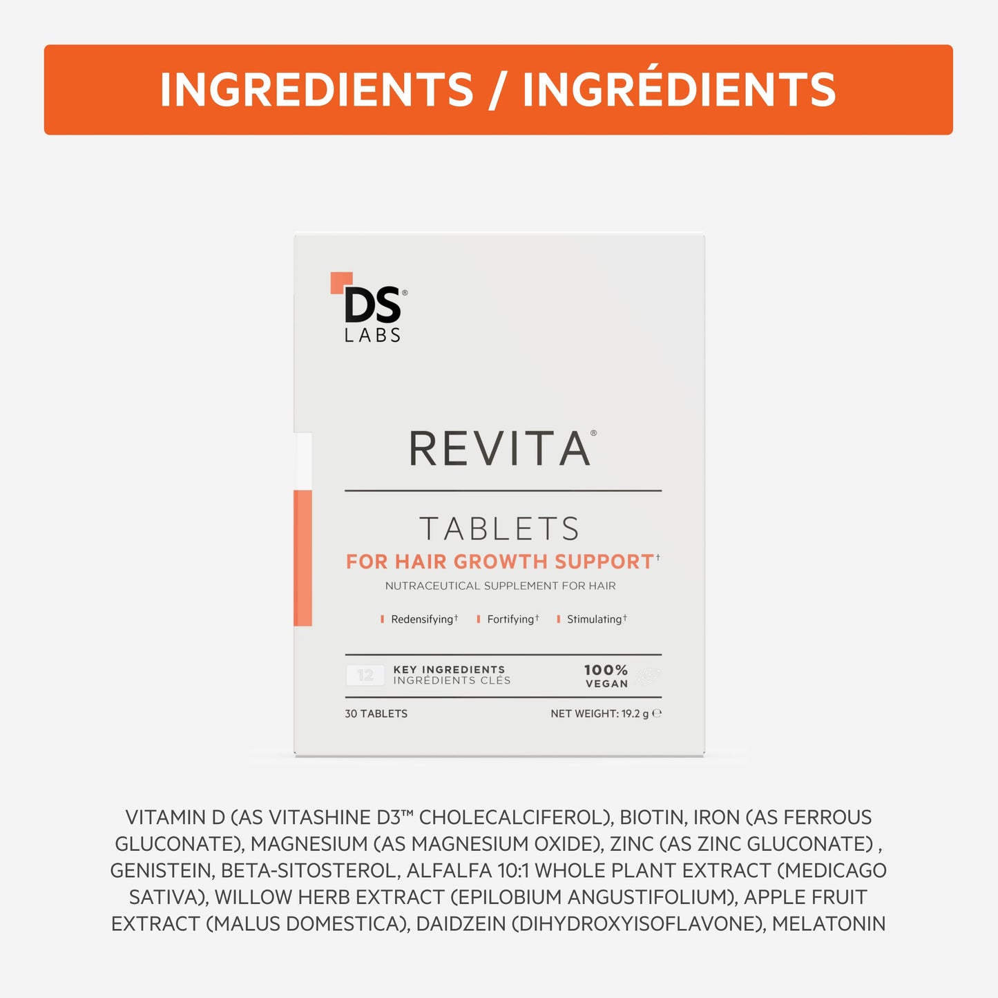 DS Labs for Men & Women Revita Hair Density Support Tablets - Daily Hair Wellness Supplement with Biotin, Zinc, Iron, Vitamin D, Magnesium & Melatonin, 30 Tablets