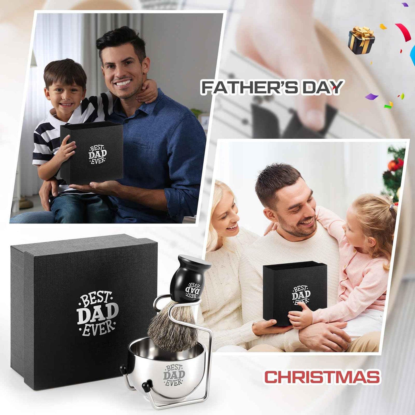 Reallnaive Best Dad Ever Gifts, Shaving Brush Kit for Father, 3 in 1 Shaving Set for Men's Birthday Gift from Daughter Son, Includes Badger Hair Shave Brush, Bowl and Stainless Steel Stand