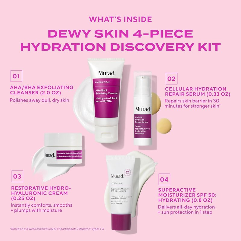 Murad Hydrate Trial Kit | Dewy Skin Set with AHA/BHA Cleanser, Hydration Serum, SPF 50 Moisturizer | Travel-Friendly Skincare