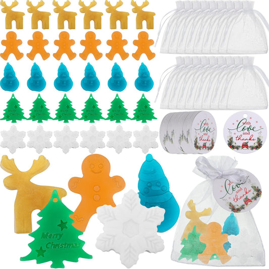 Linyuthia 60 Set Christmas Soap Bar Gift Set Christmas Handmade Soaps Bulk Xmas Tree Snowman Gingerbread Snowflake Soaps with 50 Organza Bags 50 Thanks Tags Fun Holiday Stocking Stuffer Party Favors