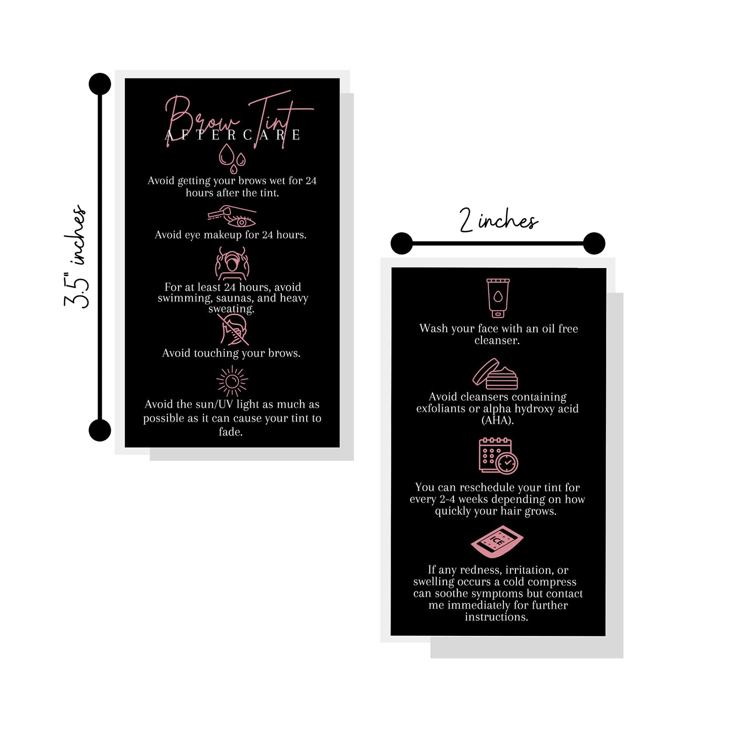 Boutique Marketing LLC Brow Tint Aftercare Card | 50 Pack | 2x3.5” inch Business Cards | Matte Black with Rosey Pink Design