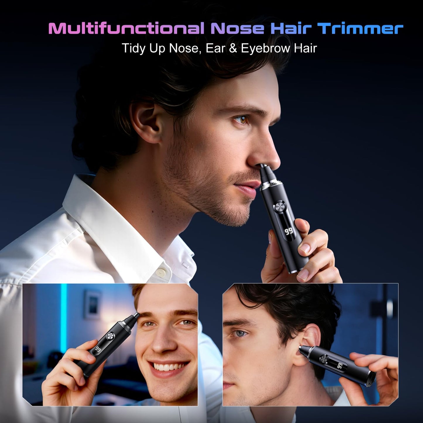Savilab Nose Hair Trimmer for Men and Women, USB Rechargeable Electric Facial and Ear Hair Remover with LED Display, Dual-Edge Blades for Smooth, Painless Eyebrow Grooming (Black)