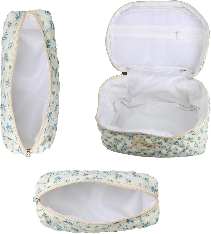 Quilted Floral Makeup Bag Set for Women - Dual Layer Travel Cosmetic Organizer | Blue Rose (3 Pcs)
