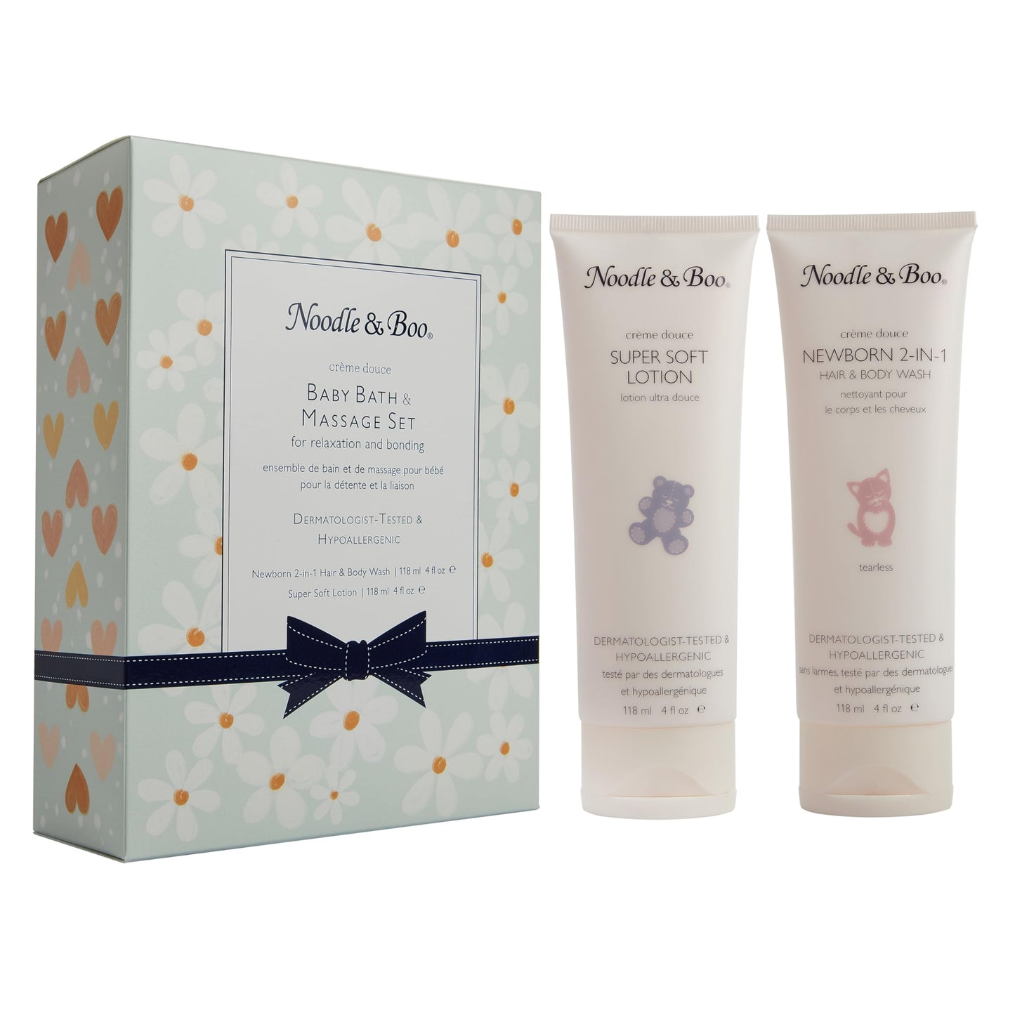 Noodle & Boo Baby Bath & Massage Gift Set – With Newborn Hair & Body Wash & Super Soft Lotion, Pediatrician-Tested, Dermatologist-Tested for Delicate Sensitive Baby Skin, Green Daisy & Heart
