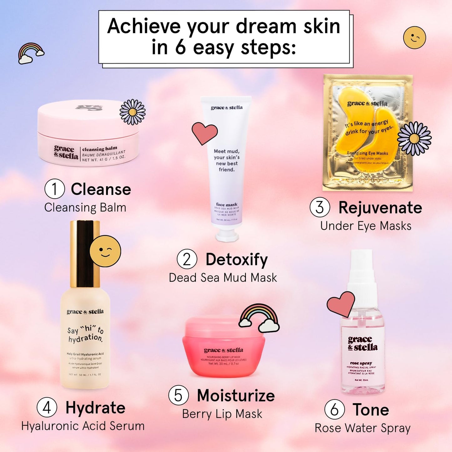 grace & stella Award Winning Skin Care Set - Birthday Gifts for Women, Travel Size Toiletries with Eye Masks, Hyaluronic Acid Serum, Lip Balm & More, Gift Baskets for Women, Vegan Self Care