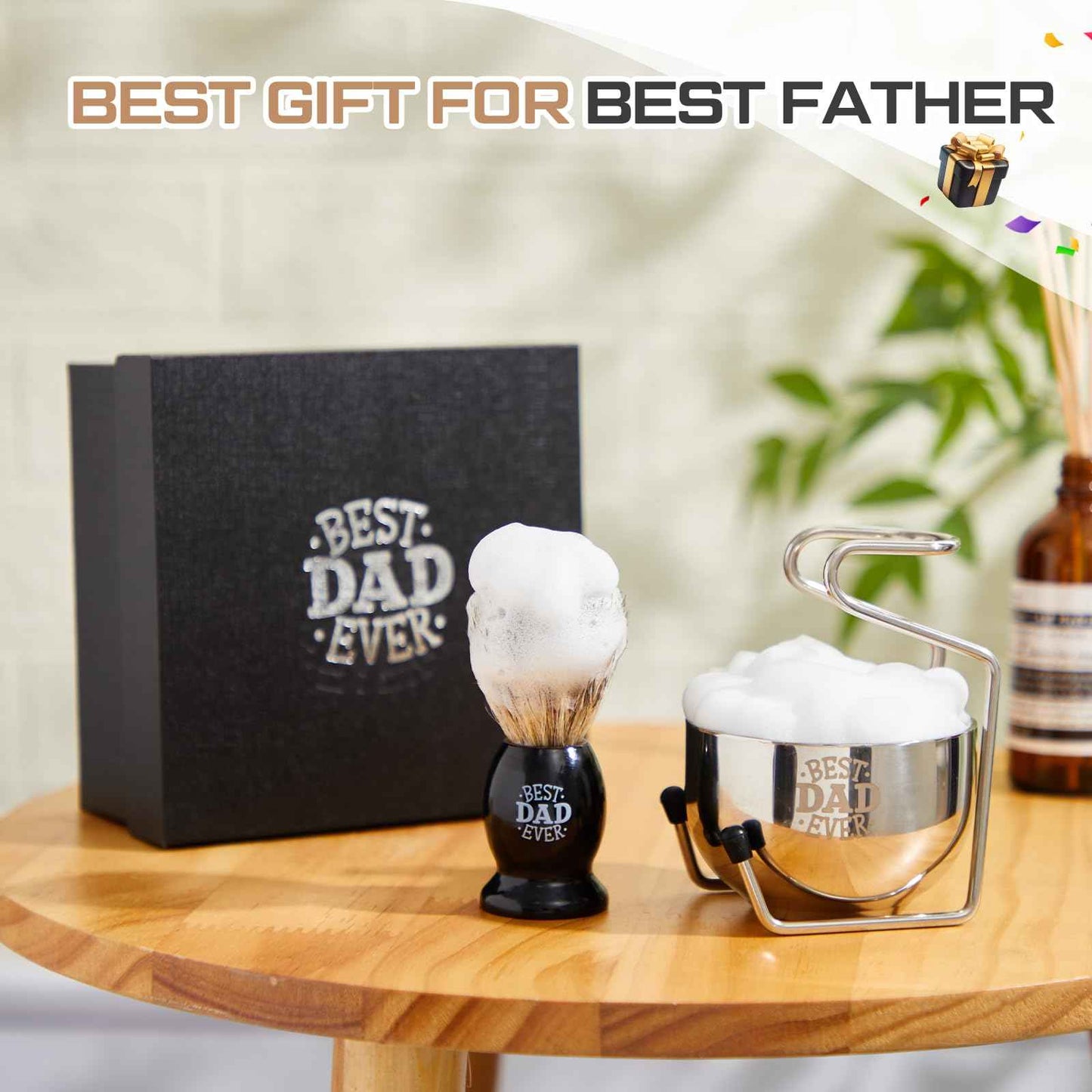 Reallnaive Best Dad Ever Gifts, Shaving Brush Kit for Father, 3 in 1 Shaving Set for Men's Birthday Gift from Daughter Son, Includes Badger Hair Shave Brush, Bowl and Stainless Steel Stand