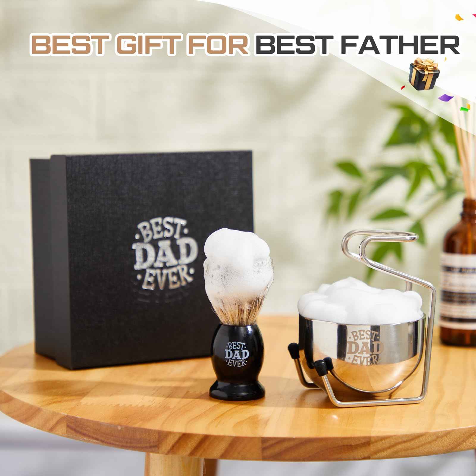 Reallnaive Best Dad Ever Gifts, Shaving Brush Kit for Father, 3 in 1 Shaving Set for Men's Birthday Gift from Daughter Son, Includes Badger Hair Shave Brush, Bowl and Stainless Steel Stand