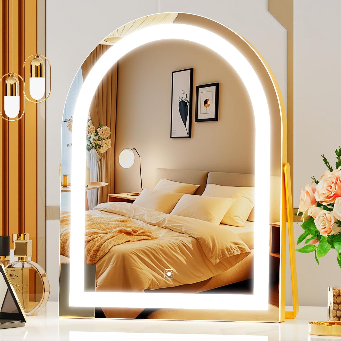 Vanity Mirror with Lights - 16" LED Makeup Mirror | Smart Touch Control, 3 Color Dimmable, 360° Rotation, Gold