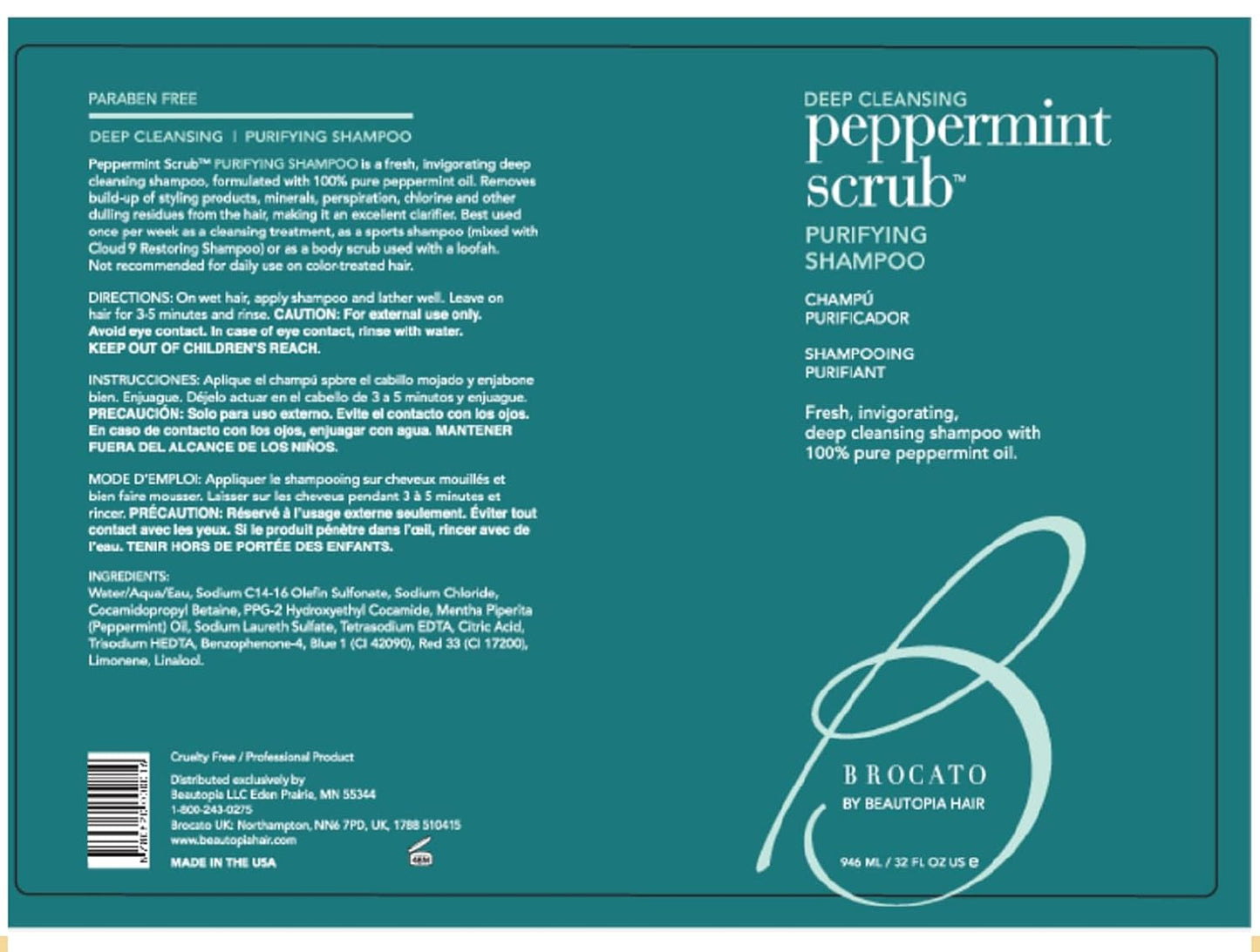 Brocato Peppermint Scrub Shampoo - Deep Cleansing 32 Oz | Invigorating Formula with Pure Peppermint Oil for Oily to Normal Hair