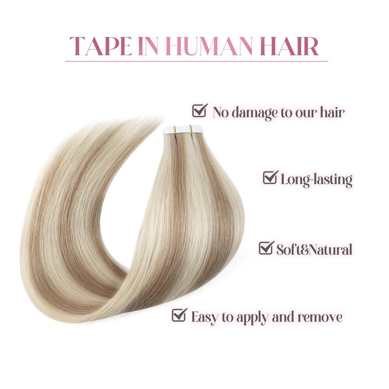 Sixstarhair Seamless Tape In Hair Extensions Remy Human Hair Highlight Hair Extensions Color Swedish Blonde and Ash Blonde Piano Color For Beautiful Girl 50g/20 Pieces Pack [Color 20/60 14inch]